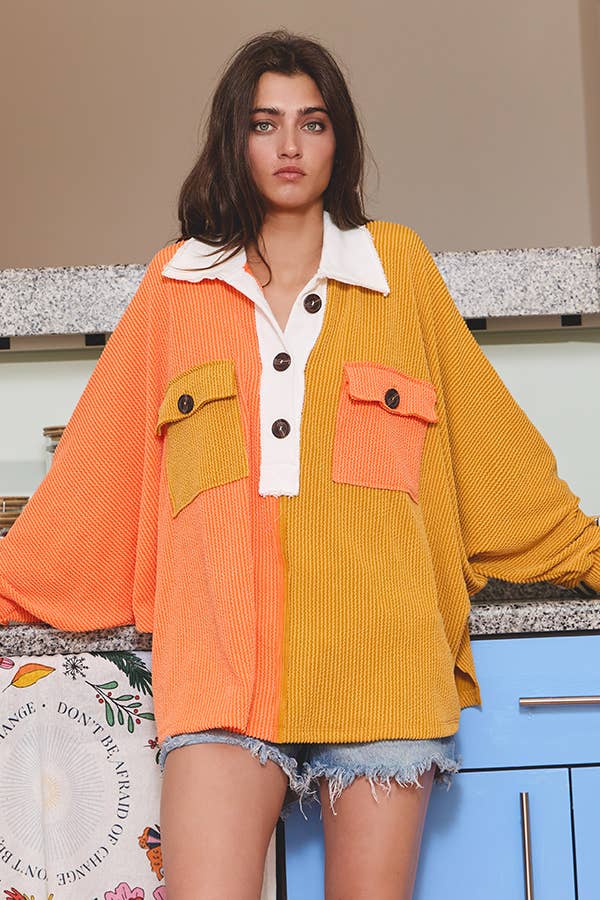 Orange/Moutarde Tunique boutonnée surdimensionnée côtelée à blocs de couleurs T1578-2D en vente sur Faire2