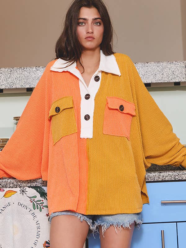 Orange Mustard T1578-2D Color-block Ribbed Oversized Button Up Tunic top for wholesale on Faire2