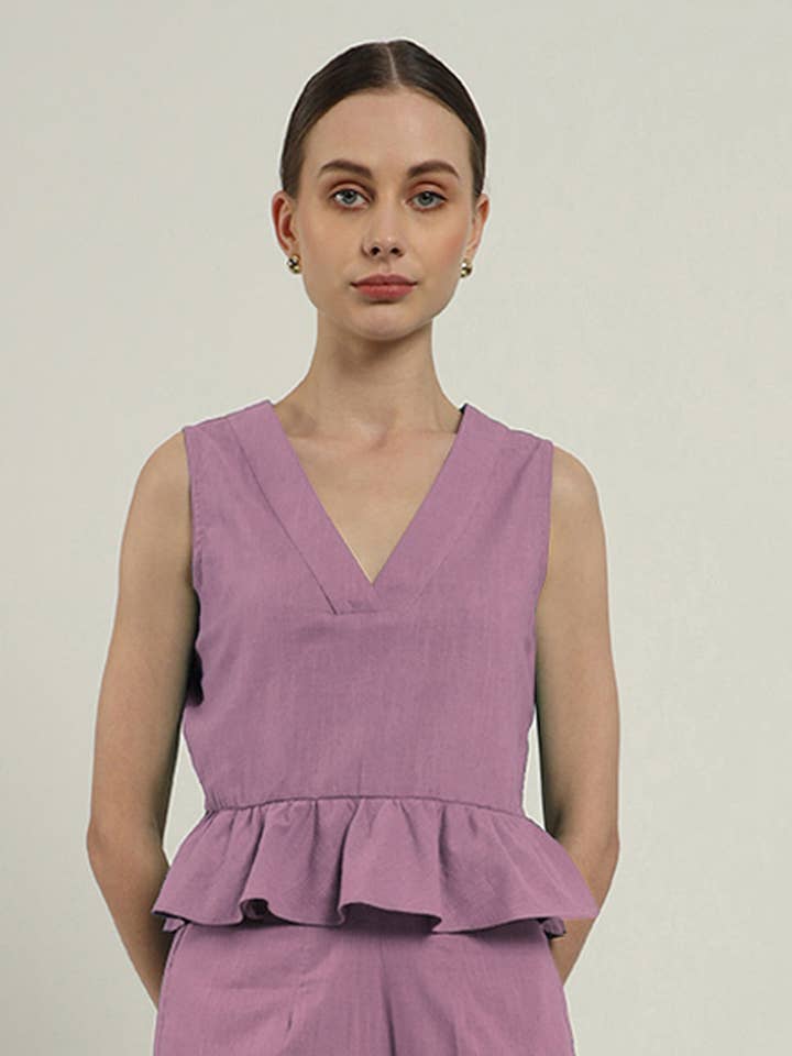 Bukser Matchende Sæt Lilla Hvirvel Posh Peplum V-hals for engroshandel hos Thevasa