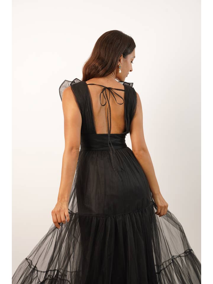 Chana Plunge Corsage Maxi Dress in Black for wholesale on Faire