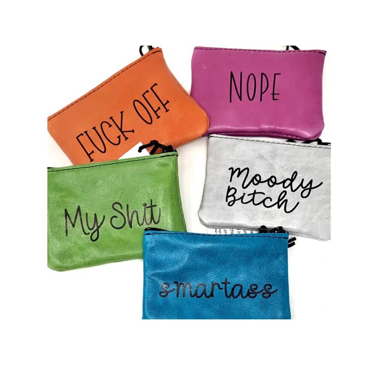 Piccoli sacchetti in pelle Word inappropriati per la vendita all'ingrosso da parte di Vicki Jean Leather Design Co.