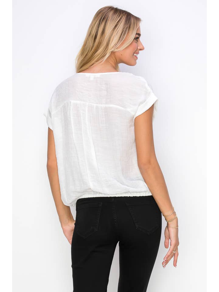 Ivory Keyhole Tie Neck Pintuck Front Peasant Blouse for wholesale on Faire