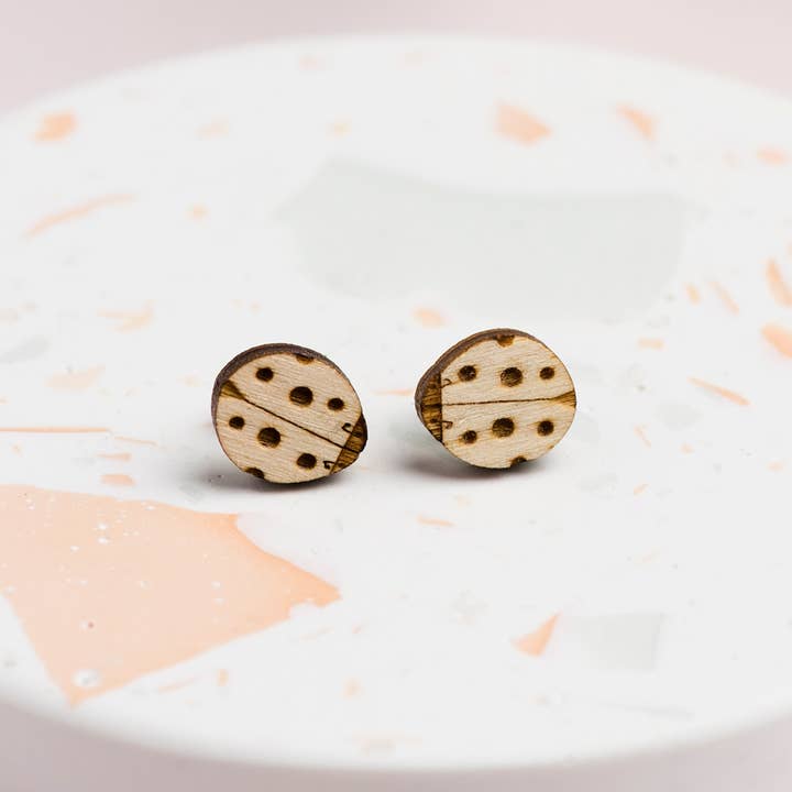 Wooden Ladybird Stud Earrings for wholesale by Ginger Pickle