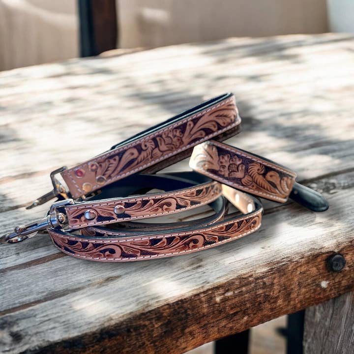 Double B Wild Rags - Wholesale Pet Collar - Dog - Western traditional tooled leather dog collar and leash set with floral details by Double B Wild Rags