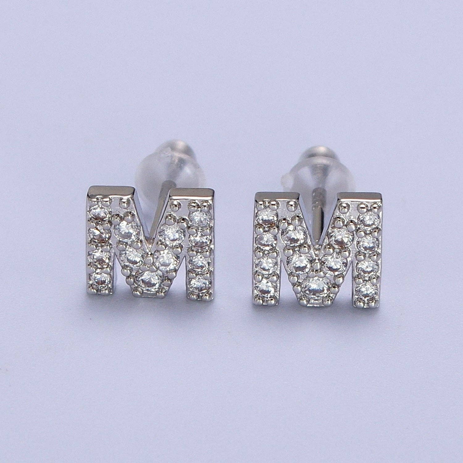Aim Eternal - Wholesale Stud/Post Earrings - White Gold Filled Tiny Initial Letter Diamond CZ Silver Stud12