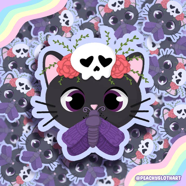 Moth Cat Vinyl Waterproof Sticker for wholesale by Peachy Sloth Art