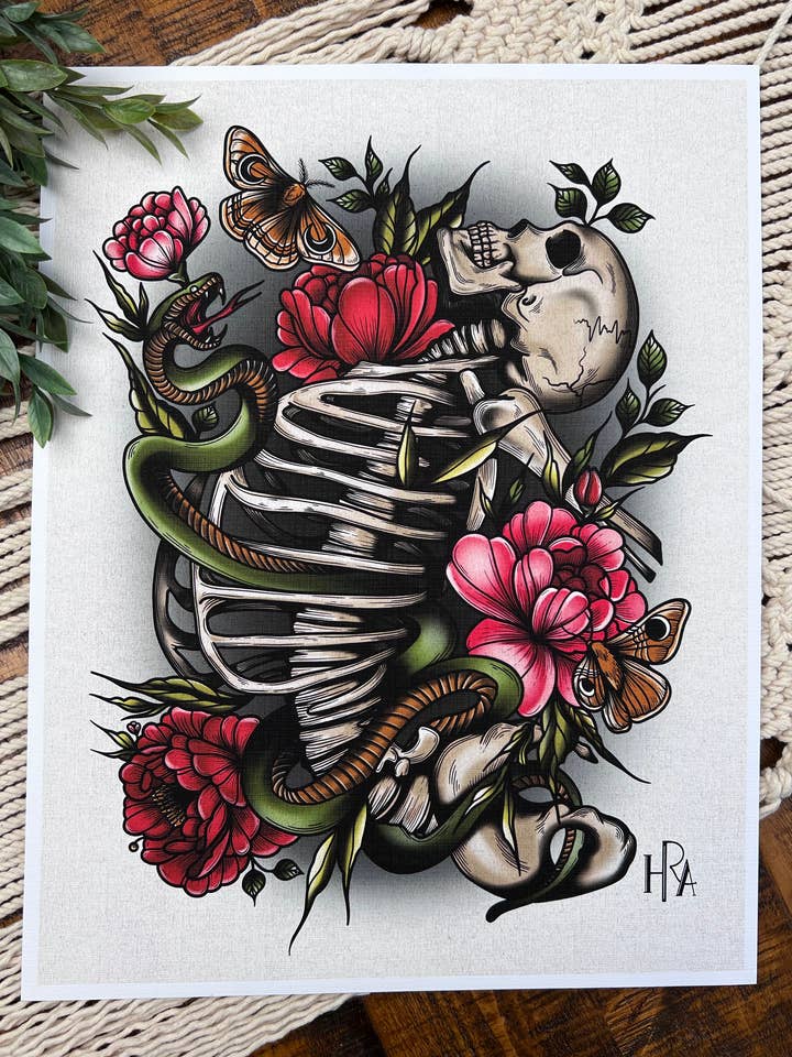 Impression d'art floral macabre Skeleton Snake pour la vente par Holli Rose Art