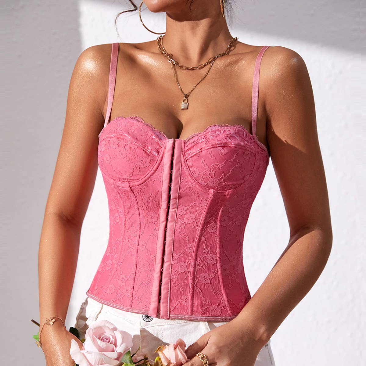 HIDDENBRAND - Wholesale Corset - Women's - Lace-Up Back Pink Lacy Corset15