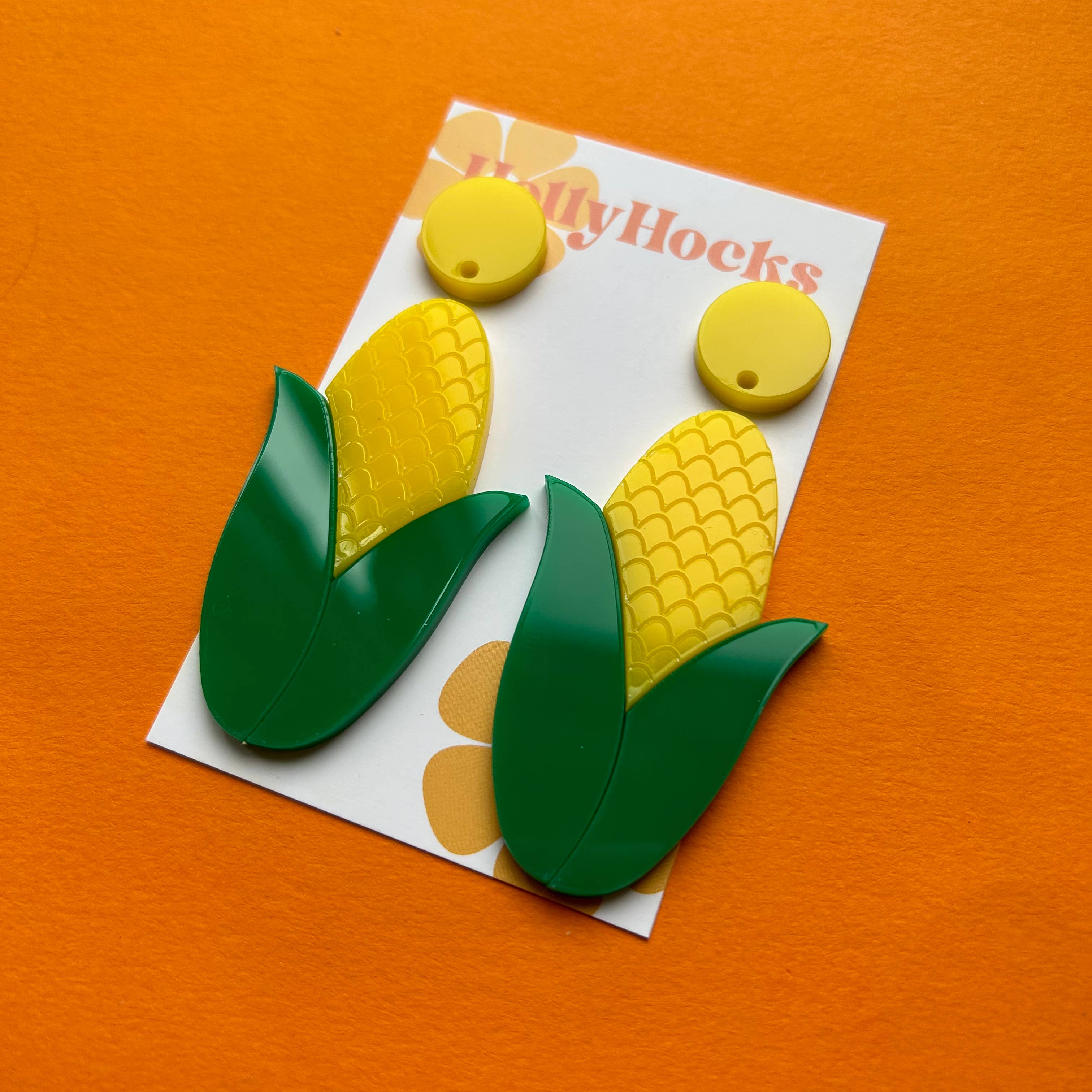 HollyHocks Jewellery – wholesale Dangle earrings – Sweetcorn food vegetable lasercut acrylic earrings0