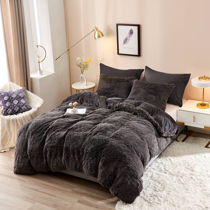 JML - Wholesale Bedding Set - 5 Pieces Faux Fur Fluffy Duvet Cover Set (1 Shaggy Duvet Cover + 2 Shaggy Pillow Shams + 2 Pillowcases),Dark Gray
