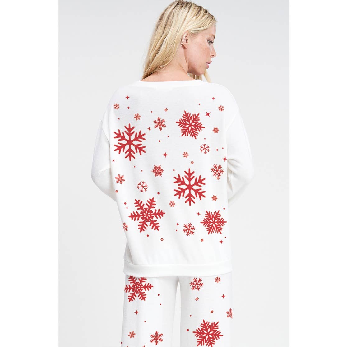 Phil Love - Vendita all'ingrosso Completo top e pantaloni (NON loungewear) - Donna - Set di abbigliamento da salotto in morbida spazzola Snowflake Allover16