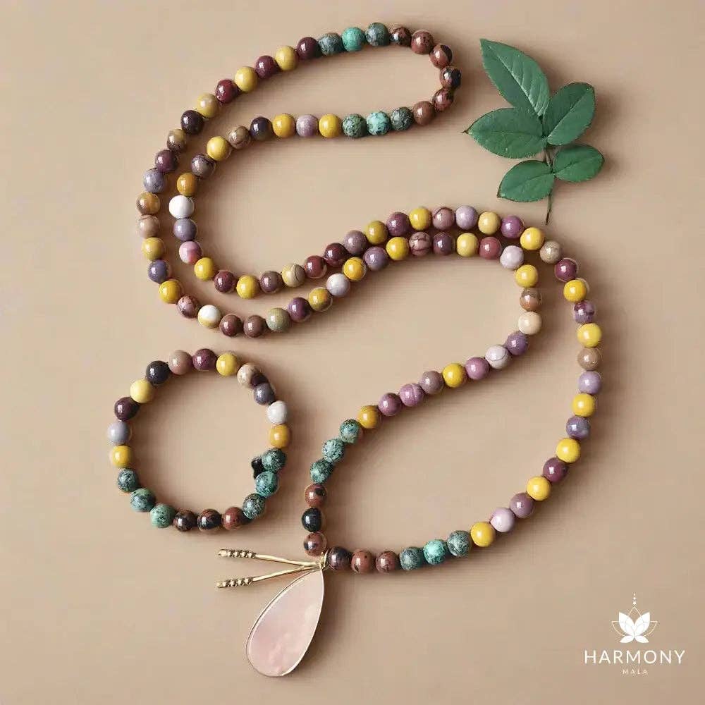 Harmony Mala - Vente Collier de prière en perles - Collier mala en Mookaïte et turquoise africaine avec pendentif2
