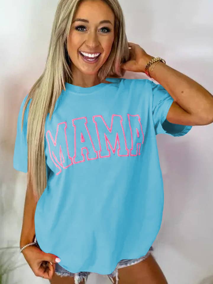 Light Blue MAMA Letter Graphic Neon T Shirt for wholesale on Faire