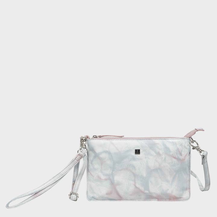 'TODD' Blue & Orchid Pink Tie Dye Real Leather Crossbody Wristlet Bag for wholesale by Assots London