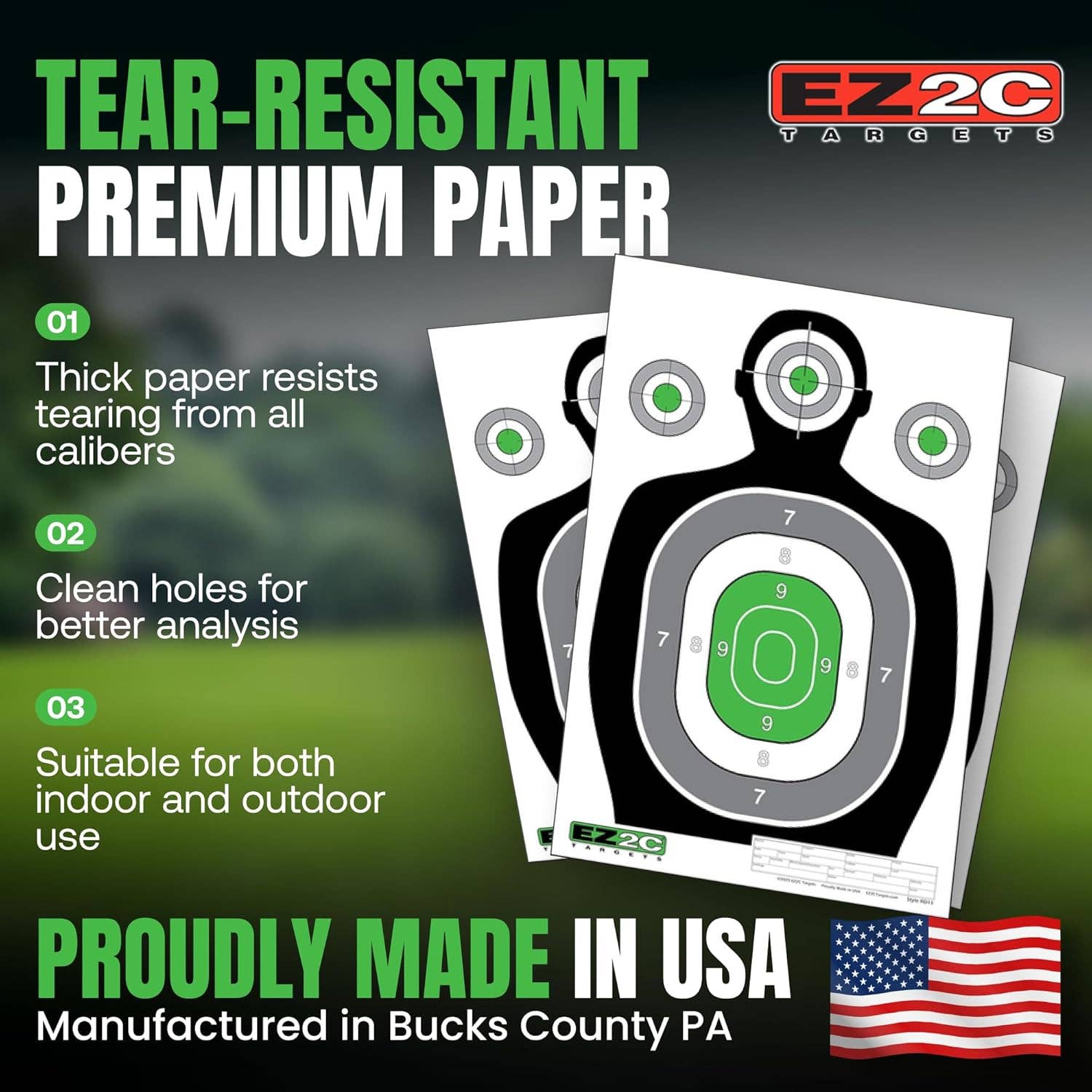 EZ2C Targets - Vente Accessoires de sport - Cible de tir silhouette verte EZ2C 12"x18", cibles en papier de qualité supérieure pour stand de tir, cadeaux pour armes à feu fabriqués aux États-Unis.6