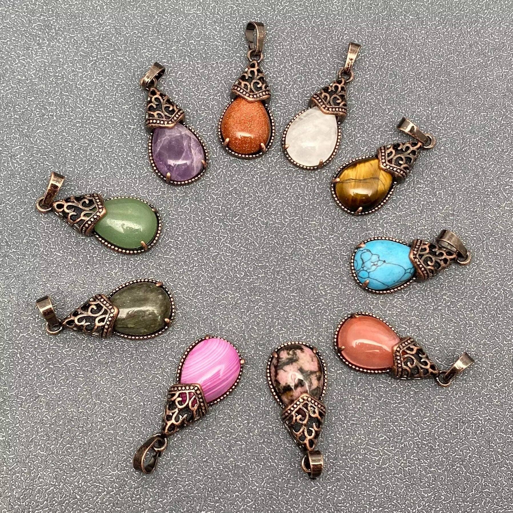 Mio Queena - Wholesale Individual Charm/Pendant - Drop-shaped Natural Stone Bronze Charms (Single Pendant) -CS26