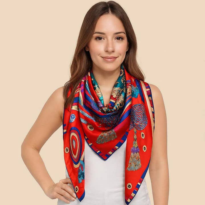 Satin Feel Elegant Intricate Geometric Paisley Print Square Scarf for wholesale by Sensibling Corp.