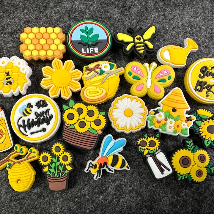 Pick your own Honey Bee Happy Theme Fancy shoe charms brighten yellow sunflower butterfly and more for wholesale by JuliesDecal
