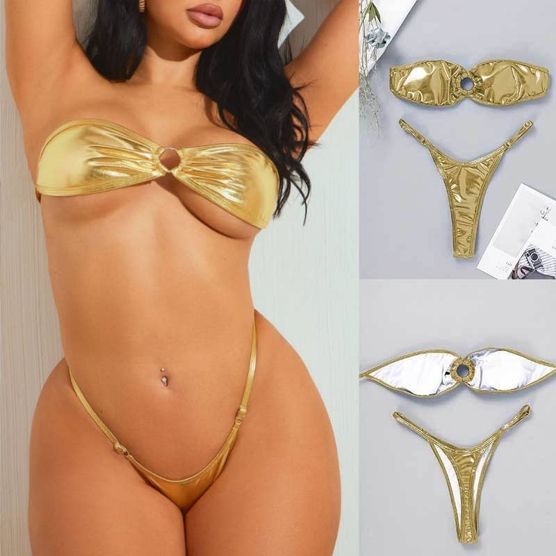 Tourtiwi - Wholesale Bikini - Dames - Sexy bikinibadpak zonder rug in goud met buisvormige bovenkant13