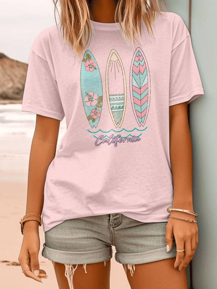 MOD-64 Surfing California Pastel Vintage grafisk T-shirt for engroshandel hos NTITEES INC