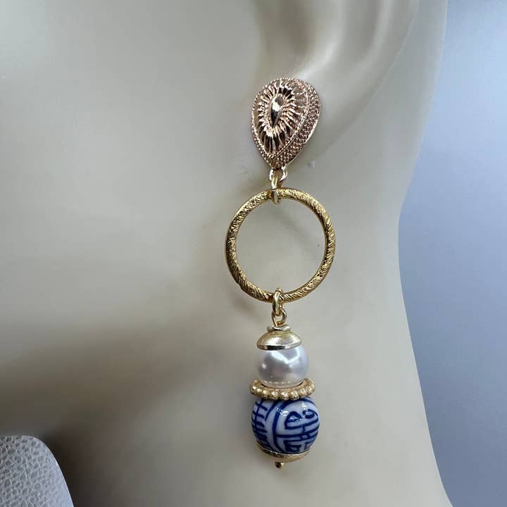 Gemstone Earrings/Pearl and Porcelain with Gold Filigree Top for wholesale by Ritzy Roxx
