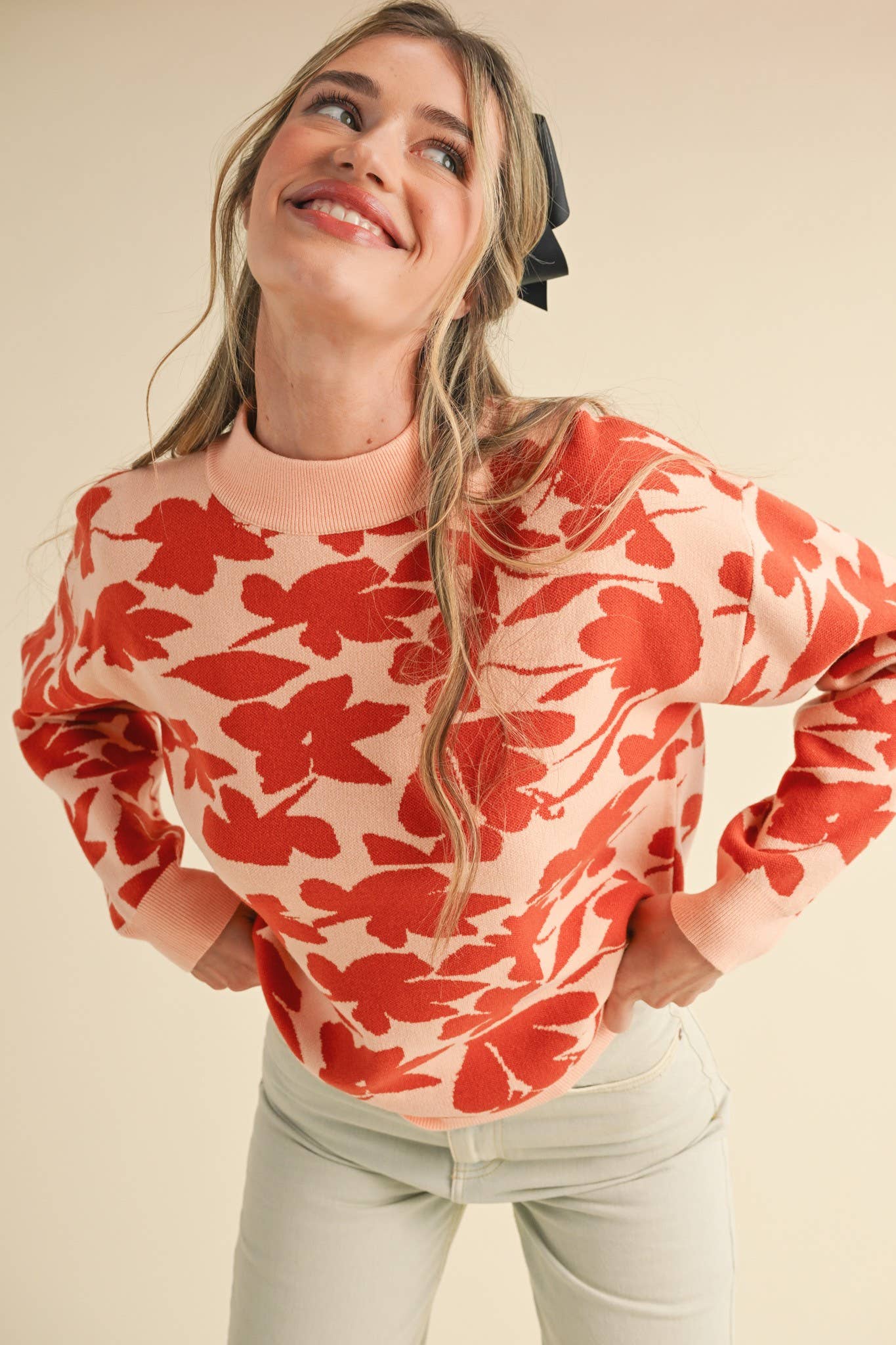 &MERCI - Wholesale Knit Sweater - Women's - MOCK NECK FLORAL KNIT SWEATER MSW1055814