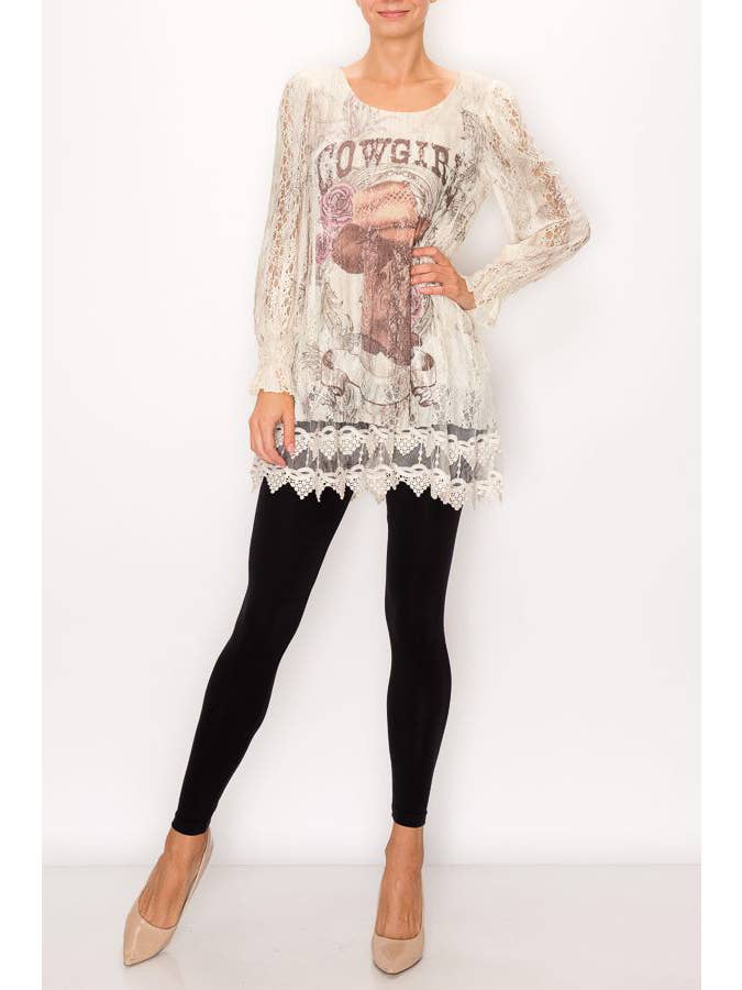 PT Cow Girl Graceful Long Sleeve Lace Tunic Top With Embroidery Hem - 4507BG/COWGIRL for wholesale on Faire3