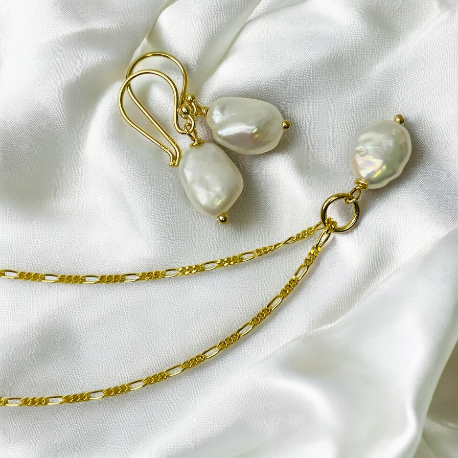 MadamLili - Vendita all'ingrosso Parure di gioielli - Set di gioielli con perle Keshi barocche – Argento sterling 925 placcato oro 18k | Collana 50cm & Orecchini | Ipoallergenico | Senza nichel0