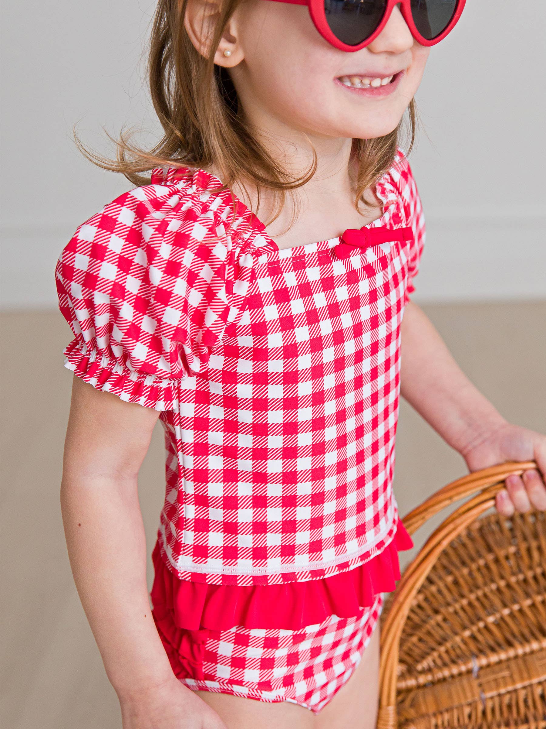 Rød Piger Vintage Rød Gingham Puff Ærme Flæse Tankini 2-delt Badedragt med Signatur Bagflæser for engroshandel på Faire6