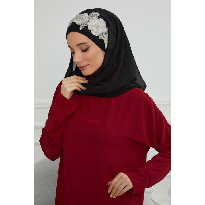 Aisha's Design - Wholesale Hijab – Women’s - Luxury Instant Chiffon Hijab with Floral Lace, Ready-to-Wear Chiffon Hijab with Embroidered Flowers,CPS-1014