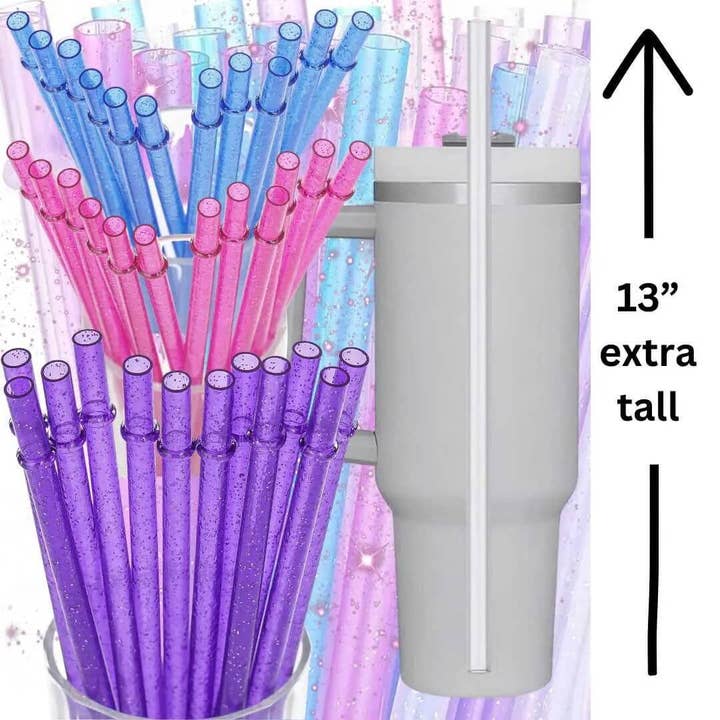 Kims Korner - Wholesale Drinking Straw - Extra TALL 13" Glitter Reusable Plastic Individually Wrapped Straws *IN STOCK NOW*