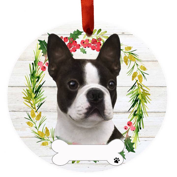 E&S Pets - Wholesale Ornament - Boston Terrier Ceramic Wreath Ornament