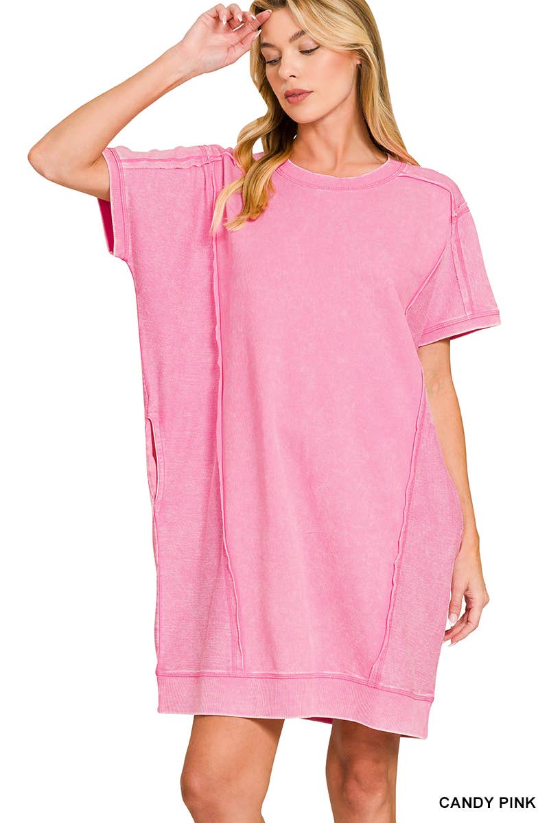 Vanilla Monkey – wholesale Dress – Women's – F/terry Acid Wash Short Sleeve Dress With Pockets3