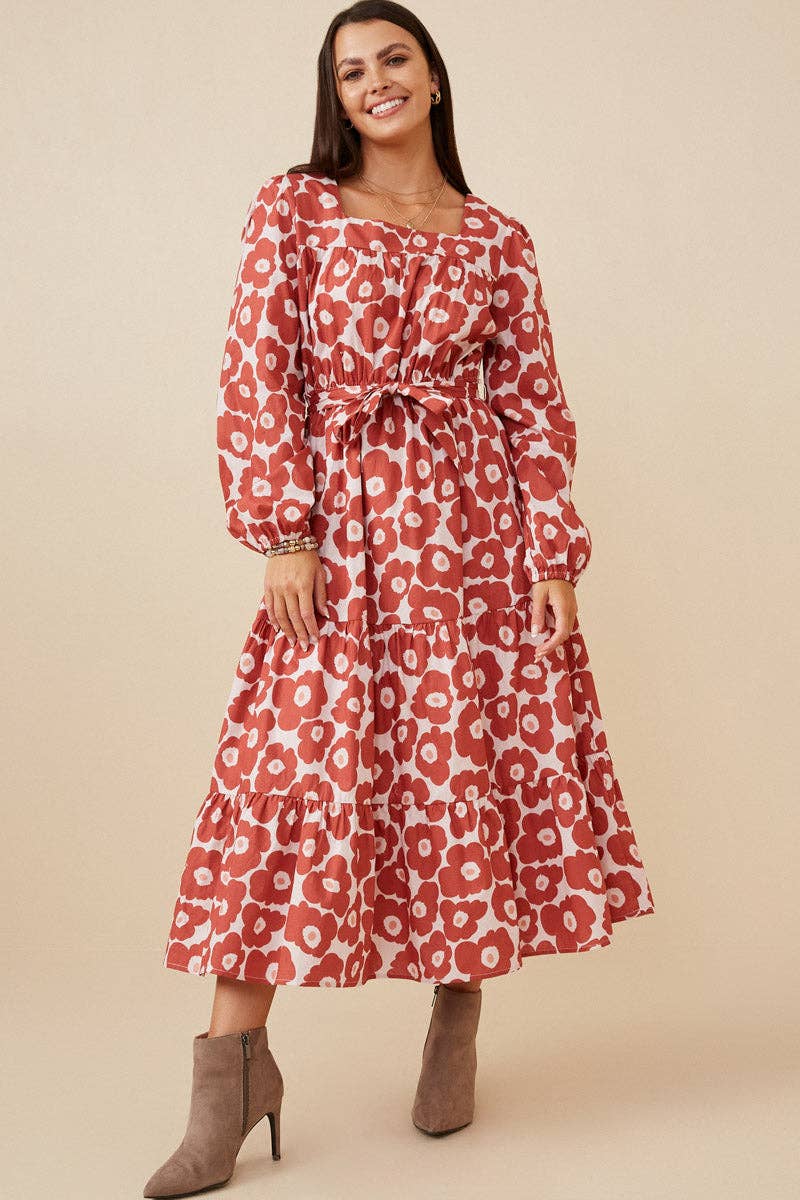 Mauve Womens Bold Floral Print Belted Square Neck Dress for wholesale on Faire5