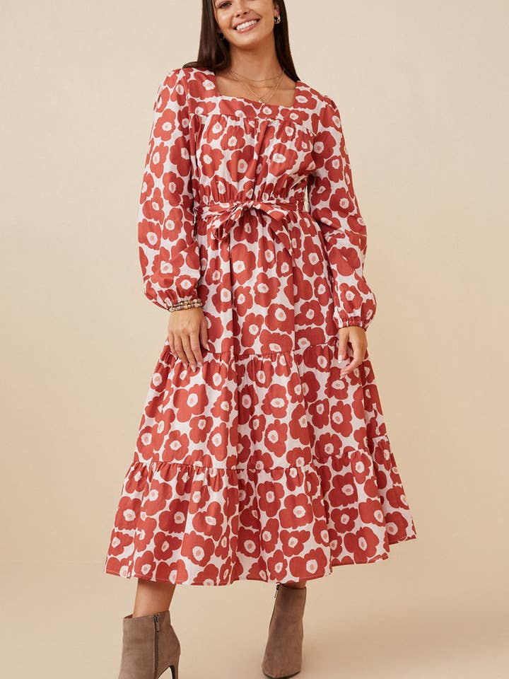 Malva Vestido con cuello cuadrado con cinturón y estampado floral atrevido para mujer de venta al por mayor en Faire5