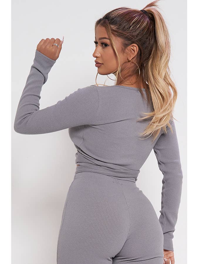 Junie - Wholesale Knit Top - Women's - RIB KNIT SURPLICE WAIST TIE LONG SLEEVE TOP AT2462
