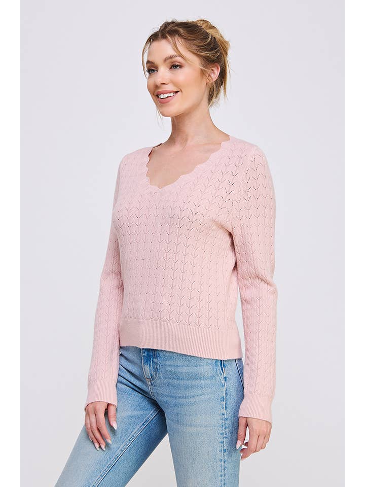 Allie Rose - Wholesale Knit Sweater - Women's - Pointelle Pullover Sweater with Scallop V-Neck