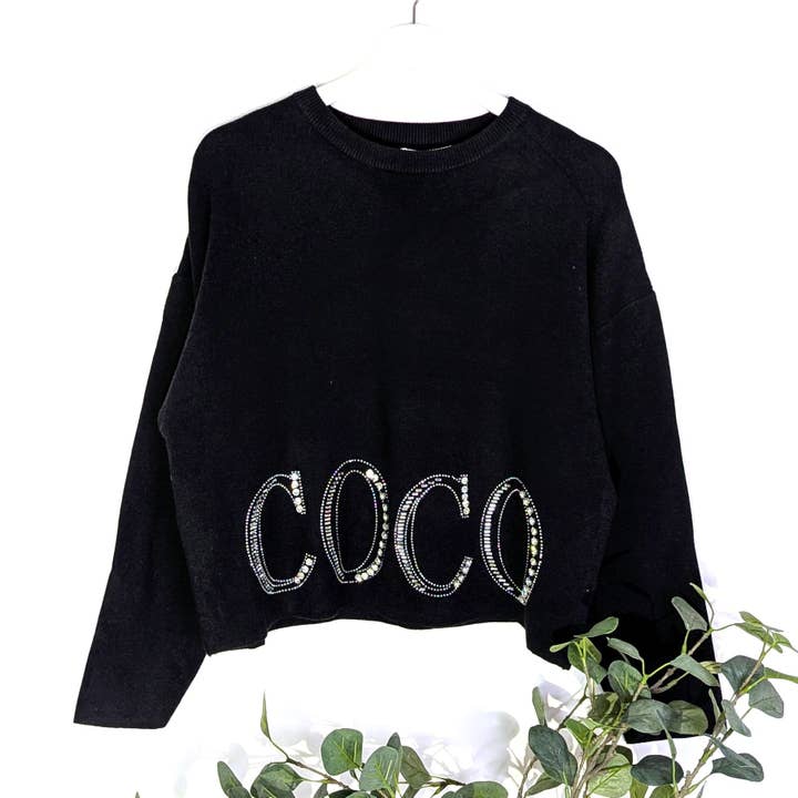 Luxe knit slightly cropped jumper with stylish crystal 'COCO' motif for wholesale by Tempest Designs