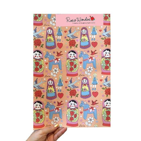 Rosie Wonders – wholesale Flat wrap – Wrapping Paper - Russian Dolls Pack of 3 folded1