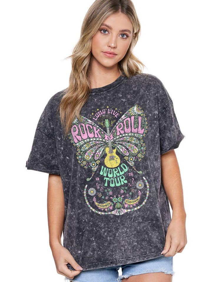 Rock N Roll Butterfly Graphic S/S Mineral Washed Tee for wholesale by Zutter