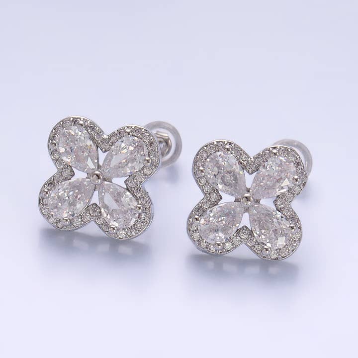Aim Eternal - Wholesale Stud/Post Earrings - Dainty Gold Cubic Zirconia Clover Stud Earring