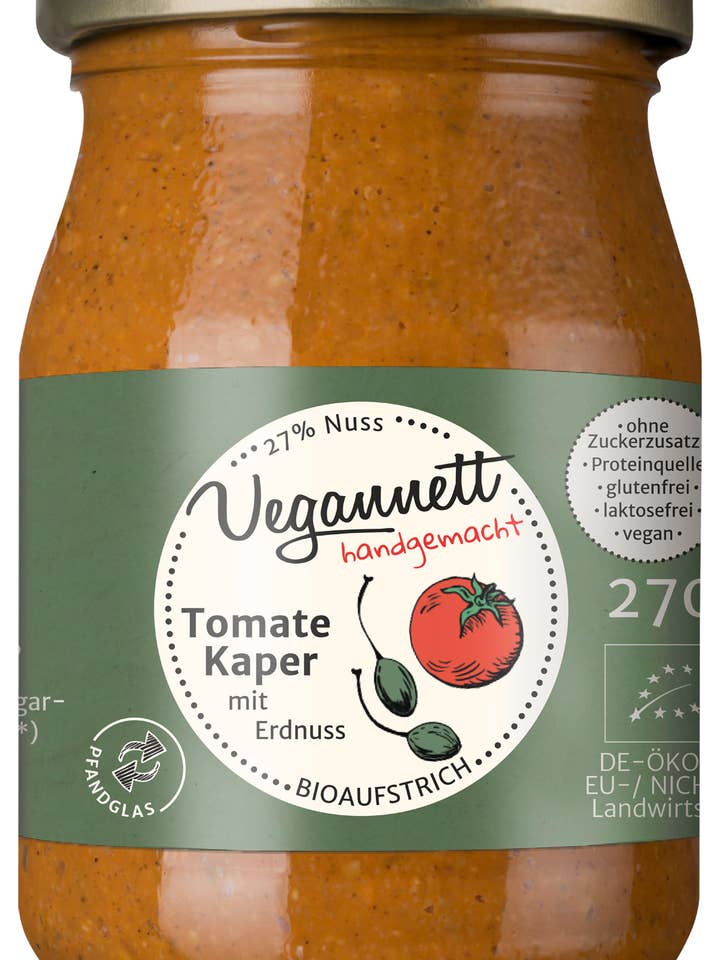 Biologische tomatenkappertjespasta met 27% pinda 270 g, herbruikbaar glas! voor wholesale door Vegannett Biomanufaktur