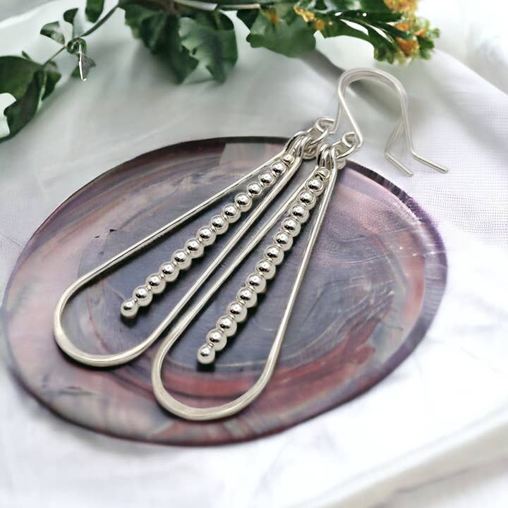 Bijou by SAM - Wholesale Dangle Earrings - Long Silver Teardrop Hoop Earrings with Silver Beads