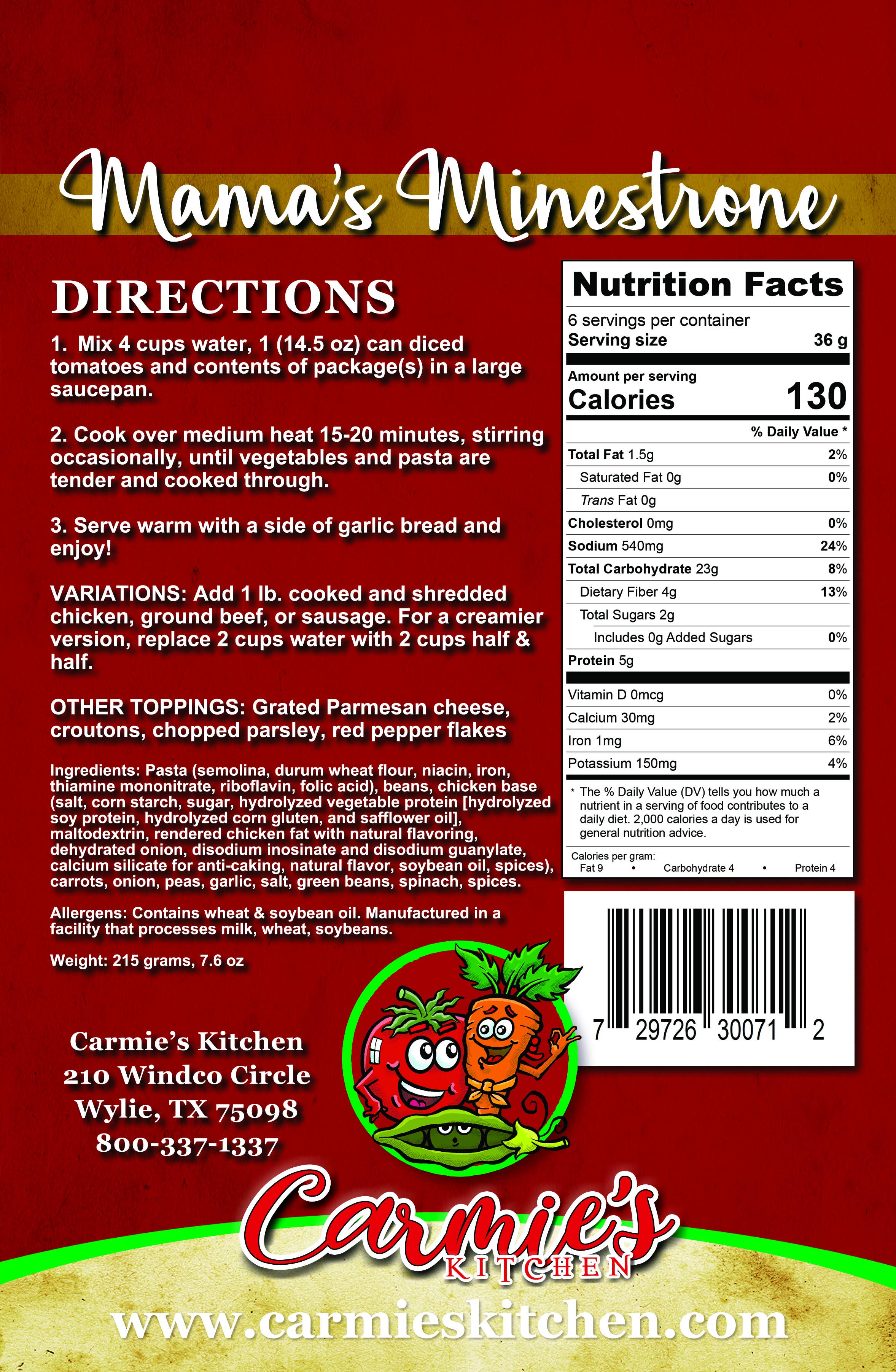 Carmie's Kitchen - Vendita all'ingrosso Zuppe - Mama's Minestrone Minestrone Mix2