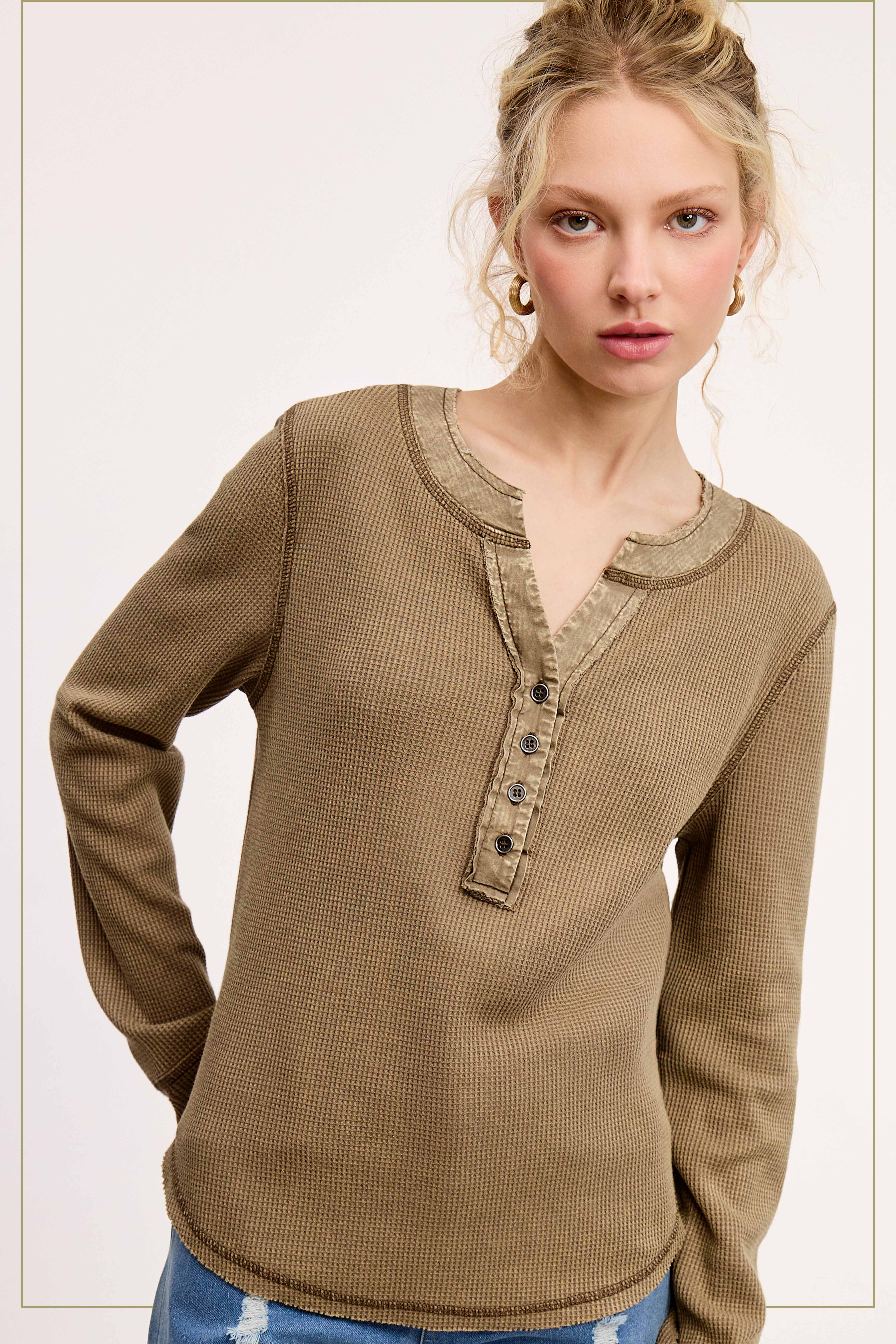 La Miel - Vente Haut en maille – femme - HCT7679-Haut thermique Henley à manches longues et boutonné sur le devant3