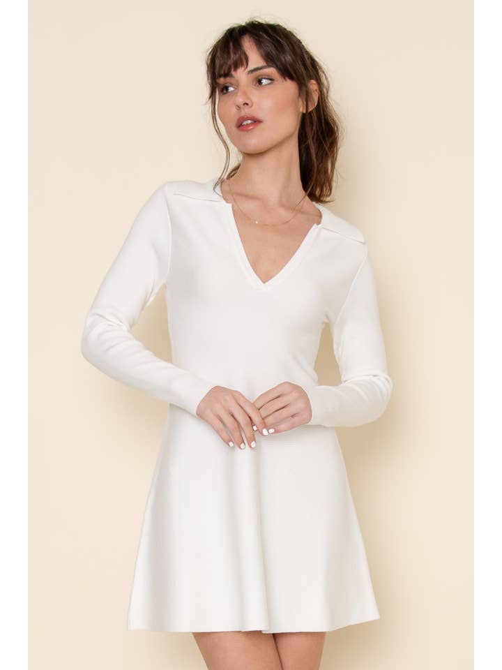 Fore Collection - Wholesale Dress - Women's - MINIMALIST V NECK LONG SLEEVE KNIT MINI DRESS-DI10363FO7