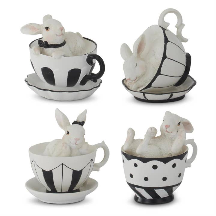Lapins en résine blanche de 3,25" dans des tasses à thé noires et blanches - Ensemble de 4 pour la vente par RC Home Decor