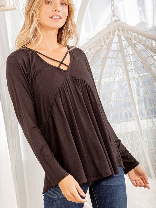 HEIMISH - Wholesale Blouse - Women's - ST1839S CRISSCROSS NECK SOLID BABYDOLL TOP