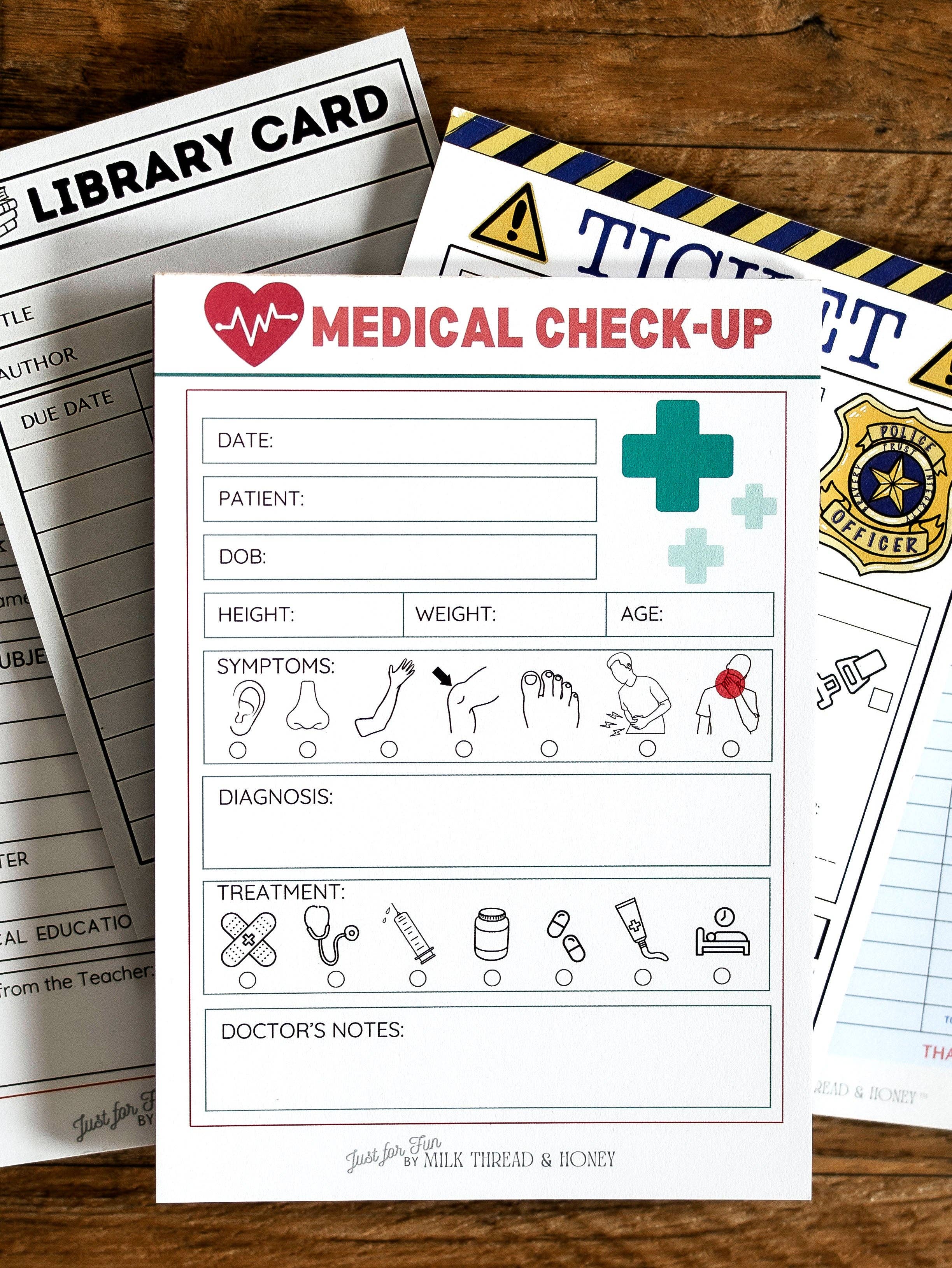 Milk Thread and Honey - Wholesale Notepad - Doctor, Restaurant, Librarian, Police Officer and Teacher - Set of 5 Pretend Play Notepads1