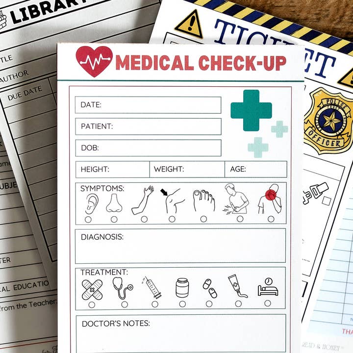 Milk Thread and Honey - Wholesale Notepad - Doctor, Vet, Restaurant, Boarding Pass and Checks - Set of 8 Pretend Play Notepads2